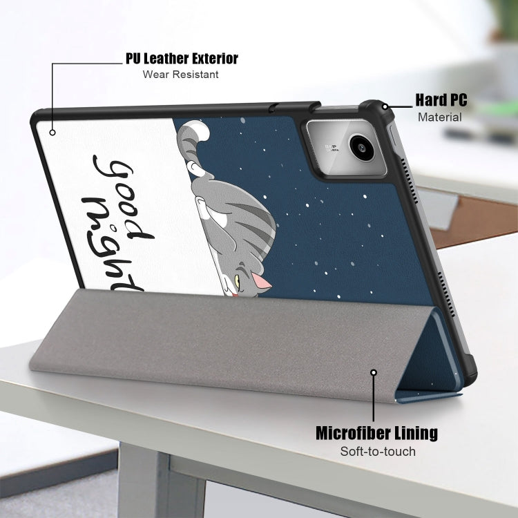 For Lenovo Tab M11/ Xiaoxin Pad 11 2024 Custer Painted 3-Fold Holder Leather Smart Tablet Case(Lazy Cat) - Lenovo by buy2fix | Online Shopping UK | buy2fix