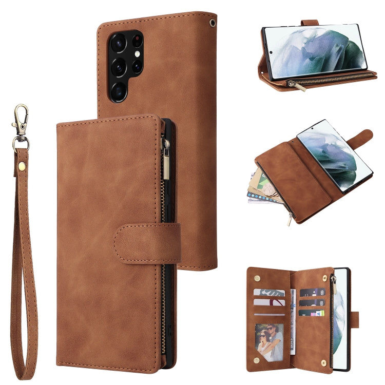 For Samsung Galaxy S22 Ultra 5G Multifunctional Frosted Zipper Wallet Leather Phone Case(Brown) by buy2fix