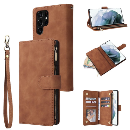 For Samsung Galaxy S22 Ultra 5G Multifunctional Frosted Zipper Wallet Leather Phone Case(Brown) by buy2fix