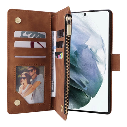 For Samsung Galaxy S22 Ultra 5G Multifunctional Frosted Zipper Wallet Leather Phone Case(Brown) by buy2fix