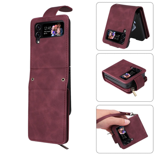 For Samsung Galaxy Z Flip4 Multifunctional Frosted Zipper Wallet Leather Phone Case(Wine Red)