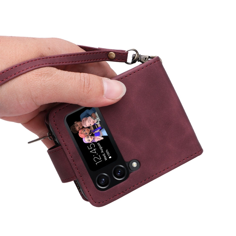 For Samsung Galaxy Z Flip4 Multifunctional Frosted Zipper Wallet Leather Phone Case(Wine Red) by buy2fix