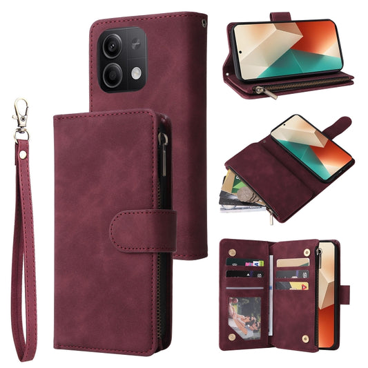 For Xiaomi Redmi Note 13 5G Multifunctional Frosted Zipper Wallet Leather Phone Case(Wine Red) - Xiaomi Cases by buy2fix | Online Shopping UK | buy2fix