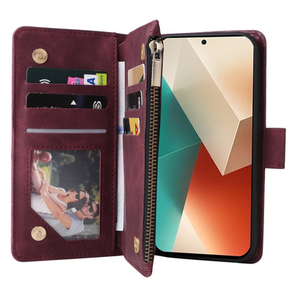 For Xiaomi Redmi Note 13 5G Multifunctional Frosted Zipper Wallet Leather Phone Case(Wine Red) - Xiaomi Cases by buy2fix | Online Shopping UK | buy2fix