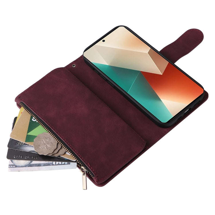 For Xiaomi Redmi Note 13 5G Multifunctional Frosted Zipper Wallet Leather Phone Case(Wine Red) - Xiaomi Cases by buy2fix | Online Shopping UK | buy2fix