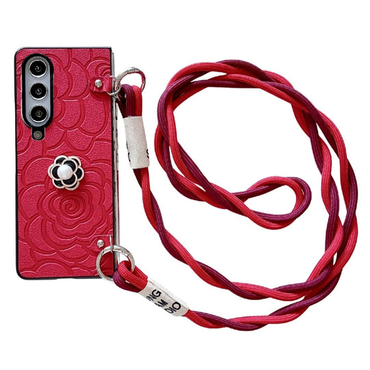 For Samsung Galaxy Z Fold4 5G Impression Camellia Pattern Protective Phone Case with Long Lanyard(Red)