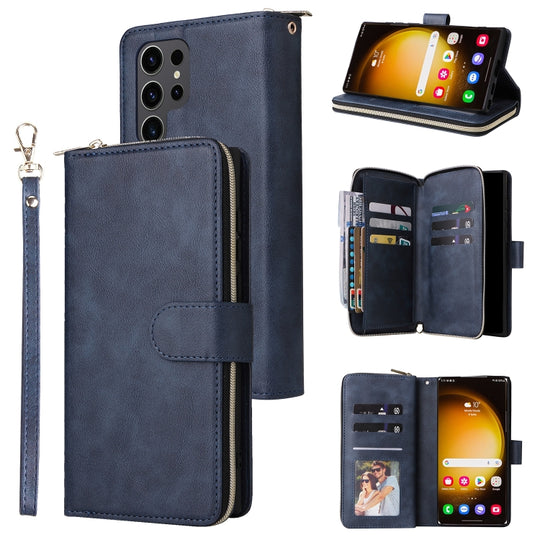 For Samsung Galaxy S24 Ultra 5G 9-Card Slots Zipper Wallet Bag Leather Phone Case(Blue)