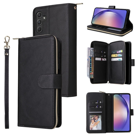 For Samsung Galaxy A55 9-Card Slots Zipper Wallet Bag Leather Phone Case(Black)