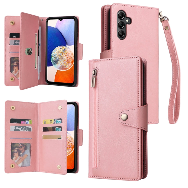 For Samsung Galaxy A15 5G Rivet Buckle 9 Cards 3-Fold Wallet Leather Phone Case(Rose Gold) by buy2fix