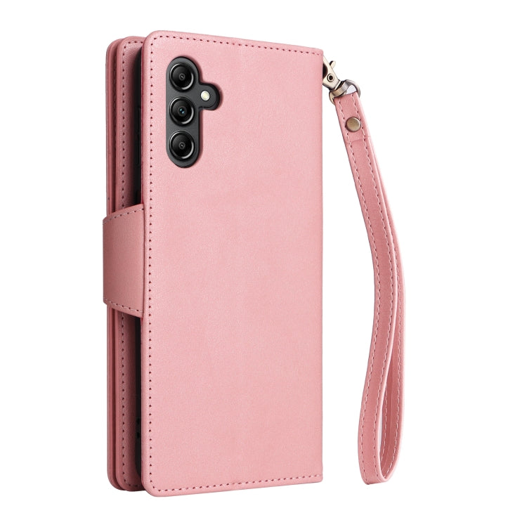 For Samsung Galaxy A15 5G Rivet Buckle 9 Cards 3-Fold Wallet Leather Phone Case(Rose Gold) by buy2fix