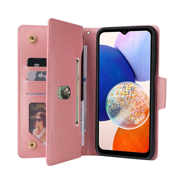 For Samsung Galaxy A15 5G Rivet Buckle 9 Cards 3-Fold Wallet Leather Phone Case(Rose Gold) by buy2fix