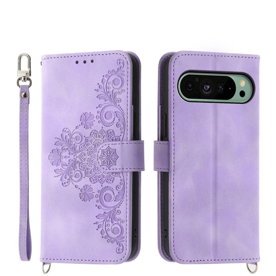 For Google Pixel 9 Skin Feel Flowers Embossed Wallet Leather Phone Case(Purple)