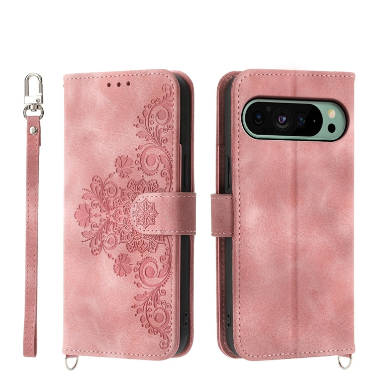 For Google Pixel 9 Skin-feel Flowers Embossed Wallet Leather Phone Case(Pink) by buy2fix