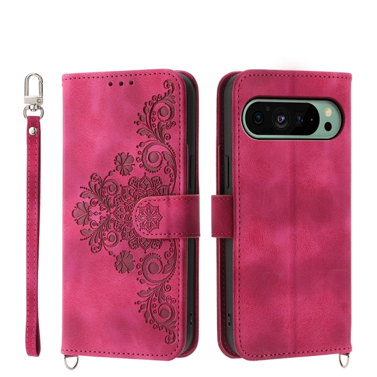 For Google Pixel 9 Skin-feel Flowers Embossed Wallet Leather Phone Case(Wine Red) by buy2fix