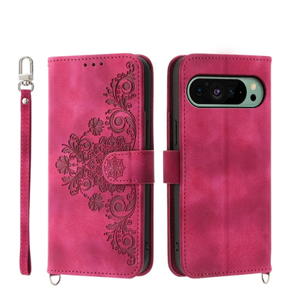 For Google Pixel 9 Skin-feel Flowers Embossed Wallet Leather Phone Case(Wine Red) by buy2fix
