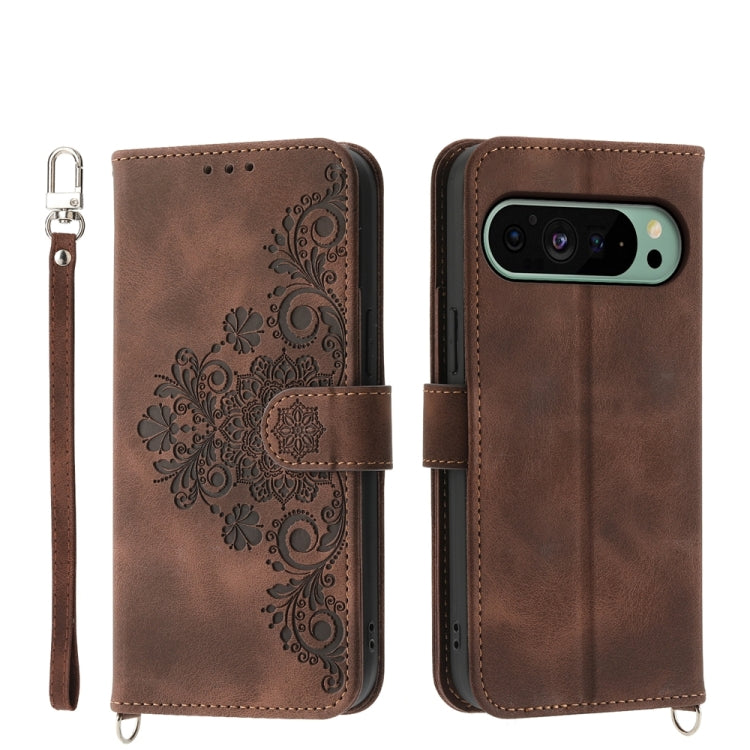 For Google Pixel 9 Skin-feel Flowers Embossed Wallet Leather Phone Case(Brown) by buy2fix