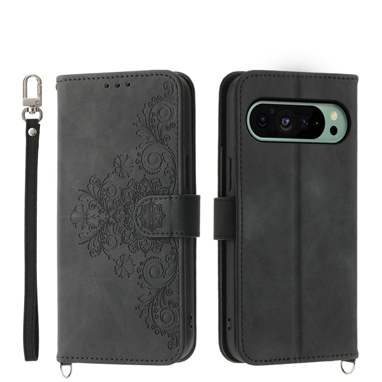 For Google Pixel 9 Skin-feel Flowers Embossed Wallet Leather Phone Case(Black) by buy2fix