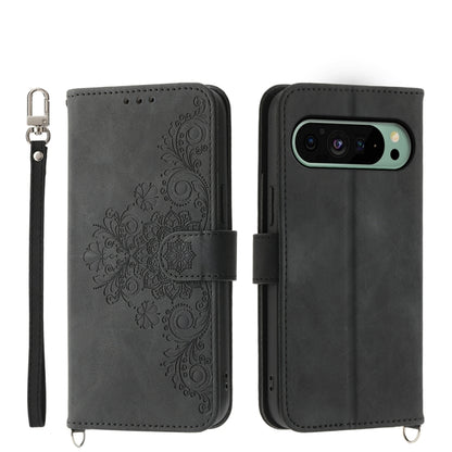 For Google Pixel 9 Skin-feel Flowers Embossed Wallet Leather Phone Case(Black) by buy2fix