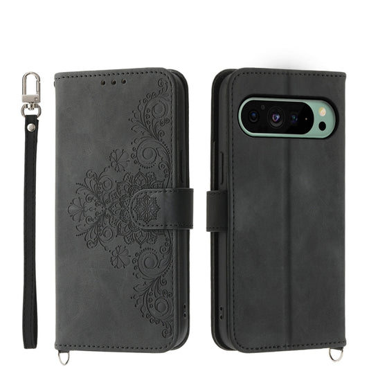 For Google Pixel 9 Skin-feel Flowers Embossed Wallet Leather Phone Case(Black) by buy2fix