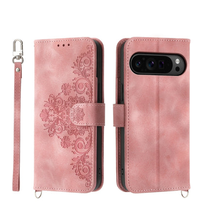 For Google Pixel 9 Pro Skin-feel Flowers Embossed Wallet Leather Phone Case(Pink) by buy2fix