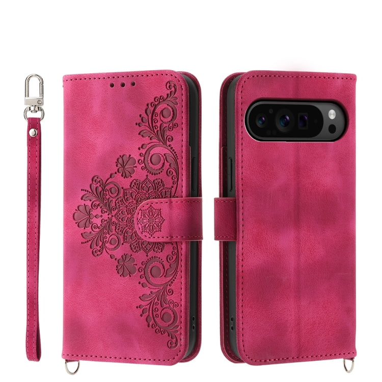 For Google Pixel 9 Pro Skin-feel Flowers Embossed Wallet Leather Phone Case(Wine Red) by buy2fix