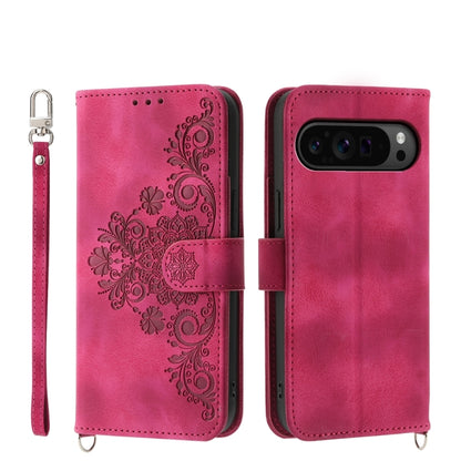 For Google Pixel 9 Pro Skin-feel Flowers Embossed Wallet Leather Phone Case(Wine Red) by buy2fix