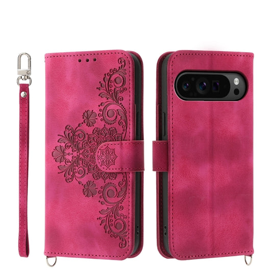 For Google Pixel 9 Pro Skin-feel Flowers Embossed Wallet Leather Phone Case(Wine Red) by buy2fix