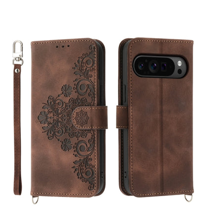 For Google Pixel 9 Pro Skin-feel Flowers Embossed Wallet Leather Phone Case(Brown) by buy2fix