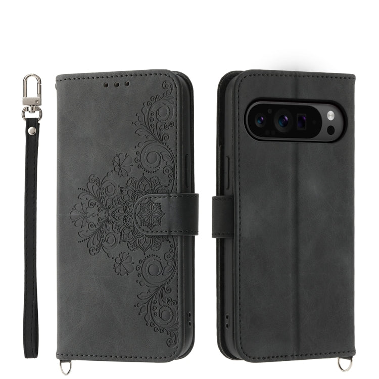 For Google Pixel 9 Pro Skin-feel Flowers Embossed Wallet Leather Phone Case(Black) by buy2fix