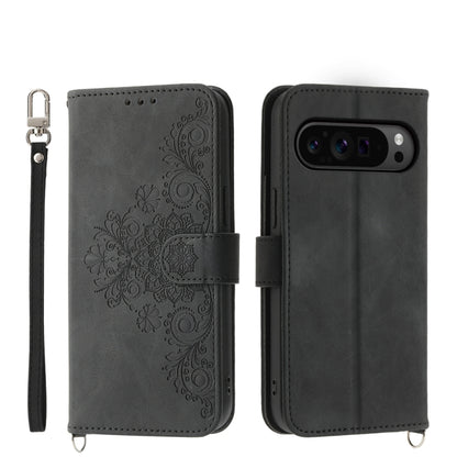 For Google Pixel 9 Pro Skin-feel Flowers Embossed Wallet Leather Phone Case(Black) by buy2fix