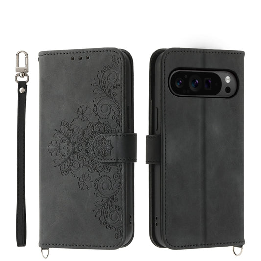For Google Pixel 9 Pro Skin-feel Flowers Embossed Wallet Leather Phone Case(Black) by buy2fix