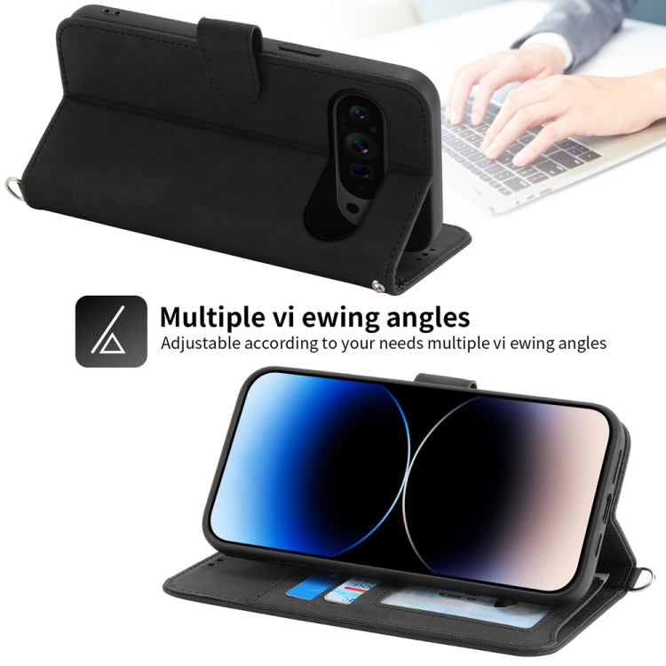 For Google Pixel 9 Pro Skin-feel Flowers Embossed Wallet Leather Phone Case(Black) by buy2fix