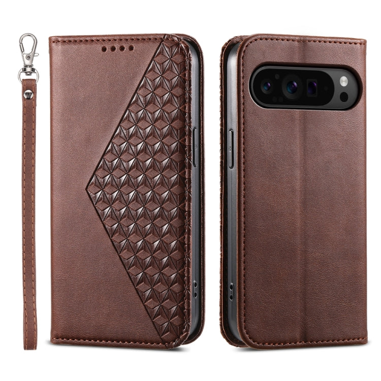 For Google Pixel 9 Pro Cubic Grid Calf Texture Magnetic Leather Phone Case(Brown) by buy2fix