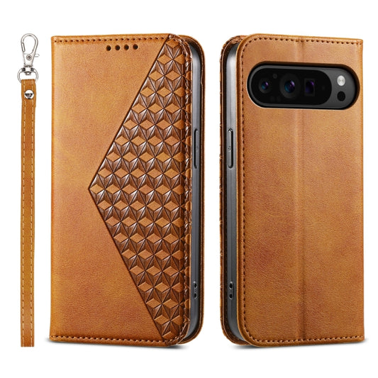 For Google Pixel 9 Pro Cubic Grid Calf Texture Magnetic Leather Phone Case(Yellow) by buy2fix