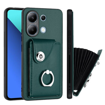 For Xiaomi Redmi Note 13 4G Global Organ Card Bag Ring Holder PU Phone Case(Green) - Xiaomi Cases by buy2fix | Online Shopping UK | buy2fix
