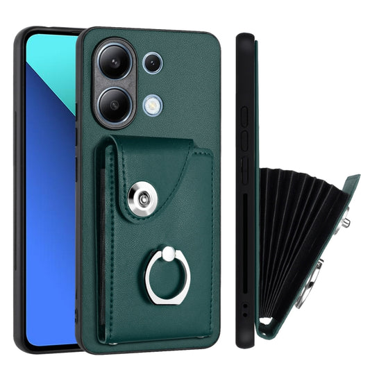 For Xiaomi Redmi Note 13 4G Global Organ Card Bag Ring Holder PU Phone Case(Green) - Xiaomi Cases by buy2fix | Online Shopping UK | buy2fix
