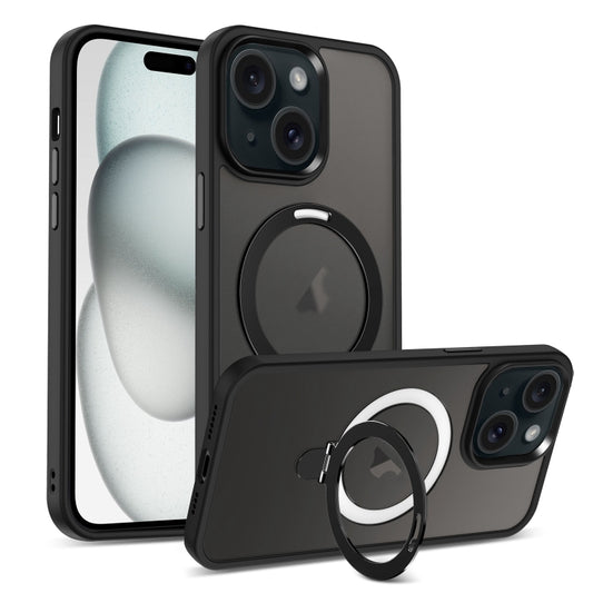 For iPhone 15 Skin-feel MagSafe Holder PC Hybrid TPU Phone Case(Black) - iPhone 15 Cases by buy2fix | Online Shopping UK | buy2fix
