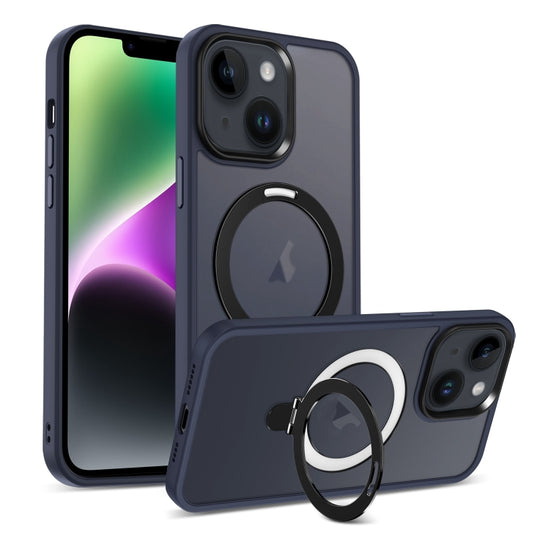 For iPhone 14 Plus Skin-feel MagSafe Holder PC Hybrid TPU Phone Case(Dark Blue) - iPhone 14 Plus Cases by buy2fix | Online Shopping UK | buy2fix