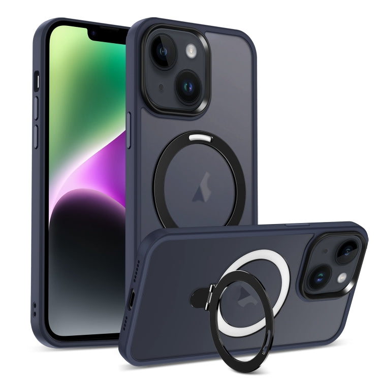 For iPhone 14 Skin-feel MagSafe Holder PC Hybrid TPU Phone Case(Dark Blue) by buy2fix