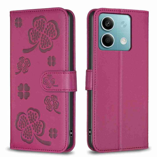 For Xiaomi Redmi Note 13 Four-leaf Embossed Leather Phone Case(Rose Red) - Xiaomi Cases by buy2fix | Online Shopping UK | buy2fix
