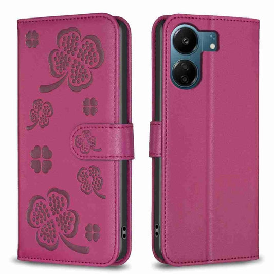 For Xiaomi Redmi 13C Four-leaf Embossed Leather Phone Case(Rose Red) by buy2fix
