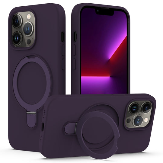 For iPhone 14 Pro Max Silicone Magnetic Phone Case with Ring Holder(Purple)