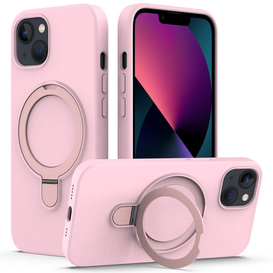 For iPhone 15 Liquid Silicone MagSafe Magnetic Phone Case with Ring Holder(Grey Pink) - iPhone 15 Cases by buy2fix | Online Shopping UK | buy2fix