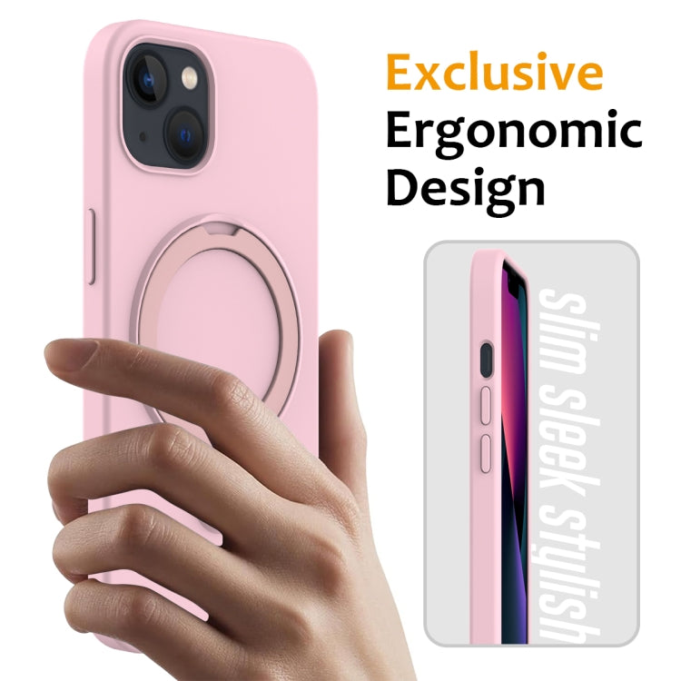 For iPhone 15 Liquid Silicone MagSafe Magnetic Phone Case with Ring Holder(Grey Pink) - iPhone 15 Cases by buy2fix | Online Shopping UK | buy2fix