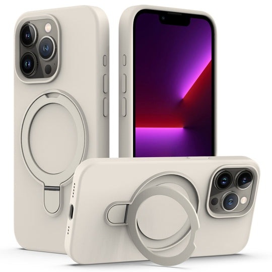 For iPhone 15 Pro Silicone Magnetic Phone Case with Ring Holder(Antique White)