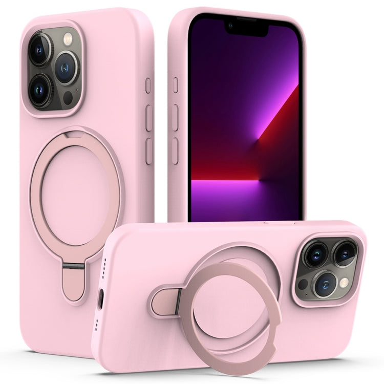 For iPhone 16 Pro Liquid Silicone MagSafe Magnetic Phone Case with Ring Holder(Grey Pink) by buy2fix