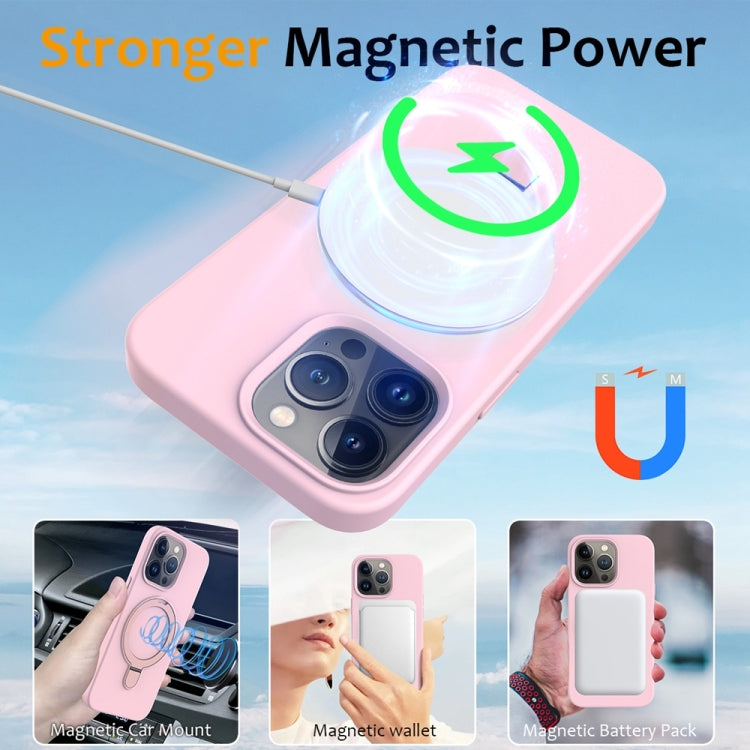 For iPhone 16 Pro Liquid Silicone MagSafe Magnetic Phone Case with Ring Holder(Grey Pink) by buy2fix