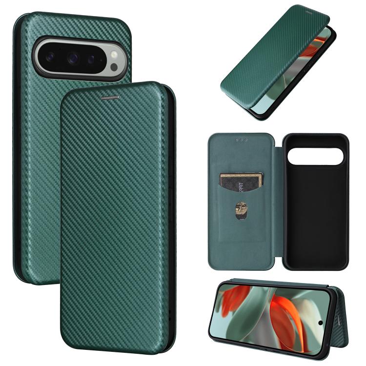 For Google Pixel 10 Pro XL 5G Global Carbon Fiber Texture Flip Leather Phone Case(Green) - Google Cases by buy2fix | Online Shopping UK | buy2fix