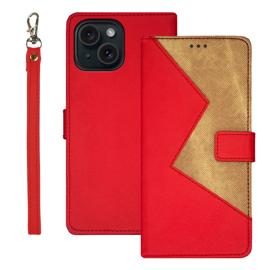 For iPhone 15 idewei Two-color Splicing Leather Phone Case(Red) - iPhone 15 Cases by idewei | Online Shopping UK | buy2fix