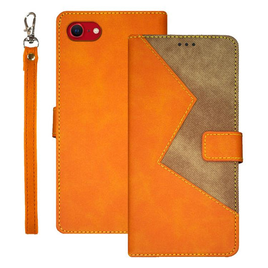 For iPhone 16e idewei Two-color Splicing Leather Phone Case(Orange) - iPhone 16e Cases by idewei | Online Shopping UK | buy2fix